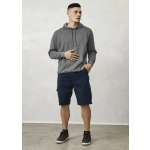 A model wearing grey hoodie and navy shorts with pockets, set against a neutral background.