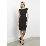 A fitted black dress with cap sleeves and a knee-length hem, displayed on a model against a plain background.