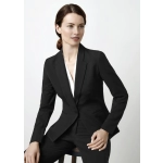 A stylish black women's blazer with a tailored fit, featuring a notched lapel and a single-button closure.