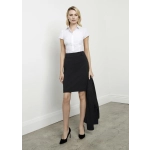 A fitted black skirt paired with a white blouse and black heels, featuring a simple design and professional look.