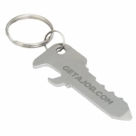 A drink bottle opener in the shape of a key, featuring a metallic silver finish and attached to a keyring.