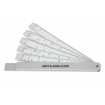 A silver Measure-Mate scale rule with multiple folding sections, featuring a logo on one side.