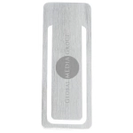 A rectangular metal clip with a brushed silver finish, featuring a circular logo in the centre.