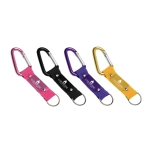 A collection of four carabiner keyrings in pink, black, purple, and gold, each featuring a branding logo.