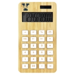 A bamboo calculator with an LCD display and white buttons, featuring a logo at the top.