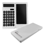 A white Note It Calculator with a flip cover, featuring a number pad and a display screen, along with a stylus.