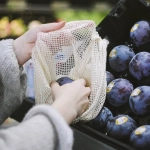 A reusable off-white mesh produce bag is being used to hold plums in a grocery store.