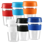 A drink bottle collection featuring Tritan carry cups in red, blue, orange, black, and white with lids and bands.