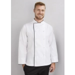 A white long sleeve chef jacket with black trim, worn by a smiling male model. The jacket features a double-breasted design and buttons.