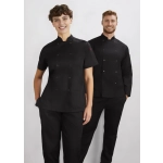 A short sleeve black jacket designed for women, featuring a double-breasted style and accompanied by matching black pants.