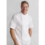 A white short sleeve chef jacket for men, featuring a double-breasted design and a logo on the left side.