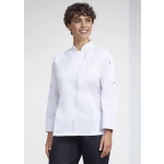 A white long sleeve chef jacket for women, featuring a sleek design and a small logo on one sleeve.