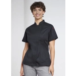 A black short sleeve chef jacket for women, featuring a sleek design and a branding logo on the sleeve.
