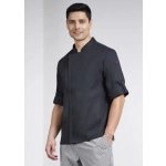 A long sleeve chef jacket in black, featuring a sleek design and rolled-up sleeves, with a logo on the arm.