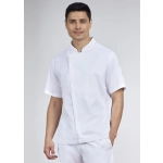 A short sleeve chef jacket in white, featuring a stand-up collar and a fitted design. The model stands against a neutral background.