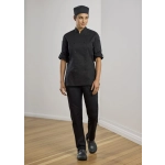 A chef wearing a black uniform with a cap, featuring a double-breasted jacket and pants.