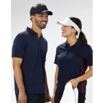 A navy visor with a contrasting white band, worn by a smiling man and woman in matching polo shirts.