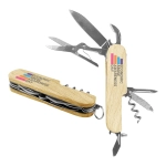 A compact wooden knife with multiple tools, including a corkscrew, scissors, and a keyring attachment. It has a logo.