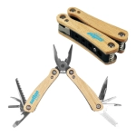 A compact multi-tool with wooden handles, featuring pliers, blades, and various tools. Includes a logo.