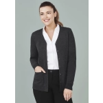 A dark grey women's button-front knit cardigan with a pocket, worn over a white shirt.