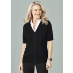 A black women's zip front short sleeve knit cardigan, featuring a stylish V-neck design and soft fabric.