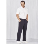 Mens cargo pants in navy blue, featuring multiple pockets and a comfortable waist design, styled with a white shirt.
