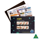 A counter mat featuring multiple designs, including hygiene steps, with a black and colourful background. It has branding.