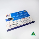 A counter mat featuring a variety of branding elements, predominantly in blue and white, with a glossy finish.