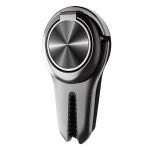 A silver and black car vent phone holder ring with a sleek design and textured grip. It features a round central disk.
