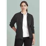 A women's zip front jumper in dark grey with a zip closure and long sleeves, paired with a white polo shirt.