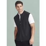 A men's black zip-front vest over a white shirt. The vest features a logo on the chest.