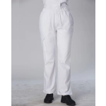 Ladies' functional chef pants in white, featuring an elastic waistband and a side pocket.
