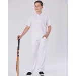 A pair of white kids' cricket pants displayed on a model holding a cricket bat, set against a plain background.