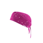A unisex pink scrub cap featuring a printed design and buttons for adjustment. Suitable for various uniform settings.