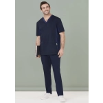 A navy blue men's slim leg jogger scrub pant, styled with a matching scrub top, set against a plain background.