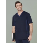 A navy blue men's scrub top with short sleeves and a V-neck, featuring a pocket and a logo.