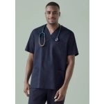 A navy blue men's scrub top with a pocket, featuring a logo and a stethoscope around the neck.