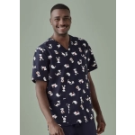 A navy scrub top featuring a playful printed design of cartoon animals, including bears and rabbits.