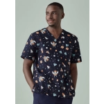 A men's scrub top featuring a navy background with colourful space-themed prints, including rockets and planets.