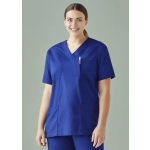 A unisex reversible scrub top in a vibrant royal blue, featuring two front pockets and a pen pocket.