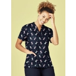 A navy V-neck scrub top featuring a playful Easter-themed pattern, with short sleeves and a pocket.
