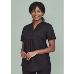A black women's tunic scrub top with a buttoned front and a relaxed fit, featuring a logo.