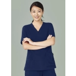 A women's navy V-neck scrub top with short sleeves and two front pockets, featuring a logo.