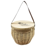 A wooden cooler basket with a circular lid, featuring a woven design and a brown strap for carrying.
