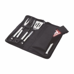 A 5-piece BBQ and apron set featuring stainless steel utensils in a black carrying case.