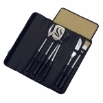 A black tri-fold BBQ set featuring multiple stainless steel utensils, including a spatula, tongs, and brush, in a compact case.