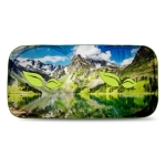 A full-colour sunshade featuring a vibrant mountain and lake landscape, with green details and a logo.