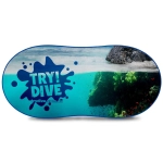 A full-colour sunshade featuring a vibrant underwater scene with fish and coral, and a blue land outline above water.