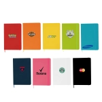 A collection of colourful A5 notebooks in various vibrant shades, each featuring distinct logos and branding.