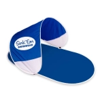 A portable sunshade featuring blue and white fabric, with an attached branding logo, ideal for outdoor leisure.